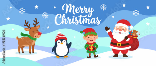 A playful Christmas illustration featuring Santa Claus, an elf, a reindeer, and a penguin in a winter wonderland celebrating the holiday spirit with joy and warmth.