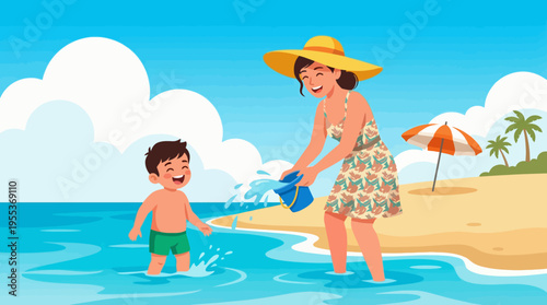 A joyful beach illustration of a mother playing with her child in the water, capturing a moment of laughter and happiness during a sunny day by the shore.