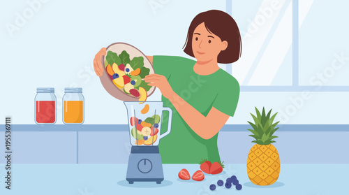 A bright kitchen scene featuring a woman preparing a healthy smoothie, surrounded by fresh fruits and vegetables, promoting health, wellness, and nutritious living.