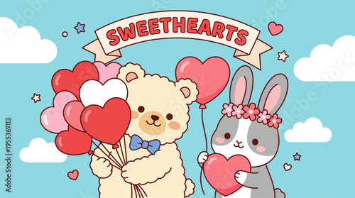 An adorable Valentine-themed illustration featuring a teddy bear and bunny holding hearts, symbolizing love and friendship in a cheerful and colorful design.