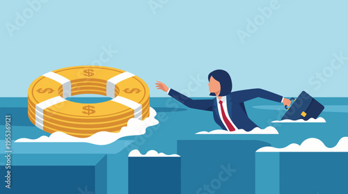 This image depicts a businessperson struggling in water, reaching out to a lifebuoy made of coins, representing financial rescue and the importance of support in tough times.