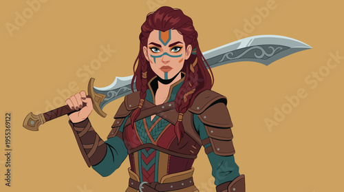 Featuring a strong female warrior with a sword, this illustration embodies strength and determination, showcasing a fantasy theme filled with courage and adventure.