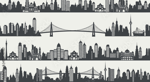 Seamless City Skyline Silhouettes with Bridges and Skyscrapers