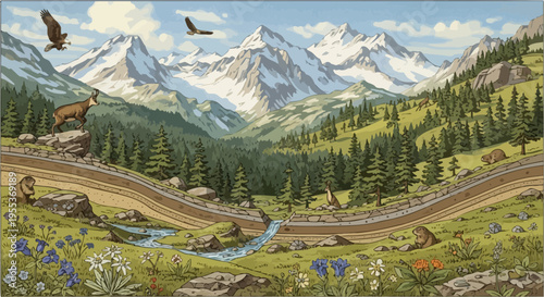 Alpine Mountain Landscape with Wildlife and Wildflowers