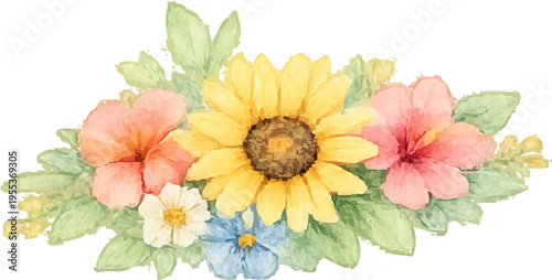 Tropical Summer Watercolor Floral Clipart, Hand Painted Hibiscus Flowers, Citrus Lemon, Watermelon, Botanical Arrangement