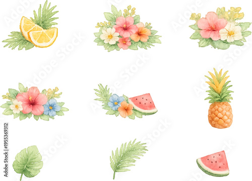 ummer Watercolor Botanical Clipart Bundle, Hibiscus Flowers, Lemon Slice, Watermelon, Tropical Floral Elements