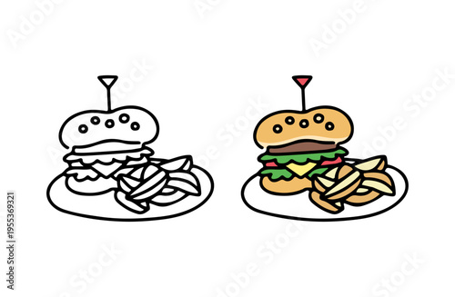 白黒と色ありのハンバーガーのイラストセット