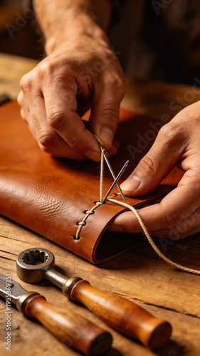 Primer plano de manos cosiendo cuero marrón con agujas e hilo sobre un banco de madera. Artesanía tradicional y marroquinería DIY en un taller rústico.