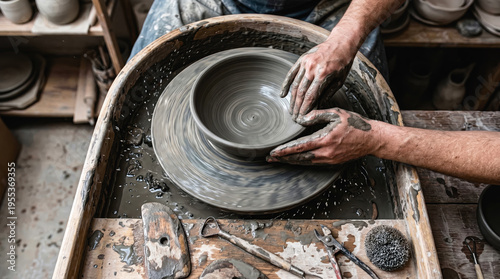 Primer plano de las manos de un alfarero dando forma a un cuenco de barro en un torno giratorio. Taller artesanal auténtico con herramientas tradicionales y salpicaduras de lodo gris.