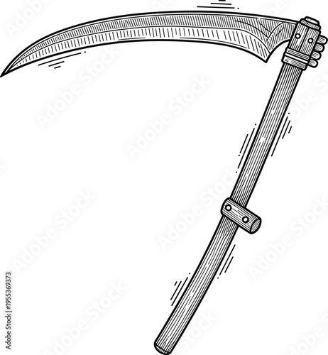 Vintage scythe engraving with detailed curved blade and wooden handle farming tool illustration