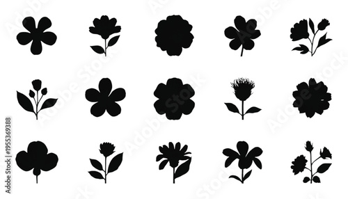 Fifteen various flower head and small branch silhouettes are arranged in three horizontal rows upon a white.