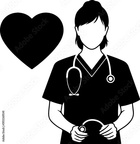 A female doctor wearing scrubs and a stethoscope stands beside a heart.