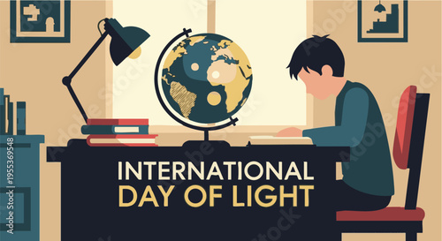 Boy studying at desk with globe and lamp in warm soft lighting for education