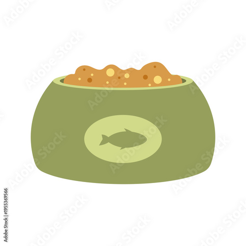 Flat illustrations of various pet feeding bowls and automatic food dispensers