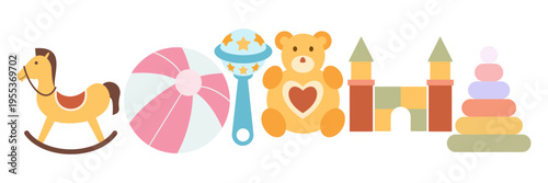 Flat illustration set of baby care essentials nursery furniture and newborn toys collection