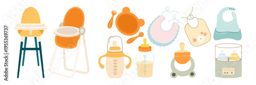 Flat illustration set of baby care essentials nursery furniture and newborn toys collection