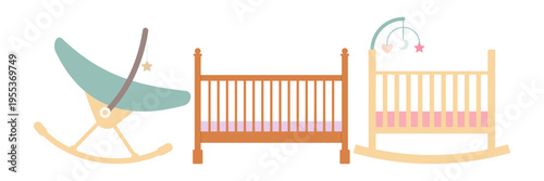 Flat illustration set of baby care essentials nursery furniture and newborn toys collection