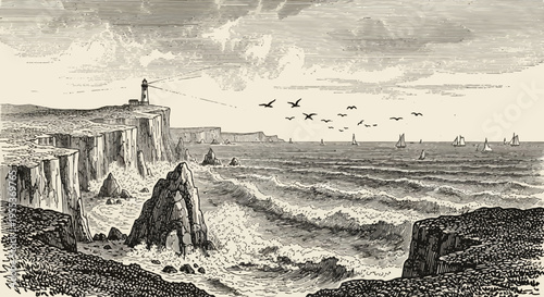 Vintage Engraving of a Coastal Lighthouse and Seascape