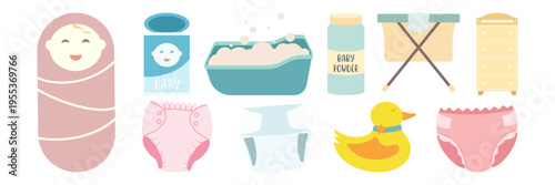Flat illustration set of baby care essentials nursery furniture and newborn toys collection
