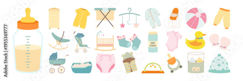 Flat illustration set of baby care essentials nursery furniture and newborn toys collection