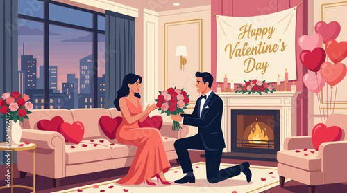 A beautiful Valentine's Day celebration featuring a couple sharing a romantic moment at home, adorned with flowers and intimate decorations, radiating love.