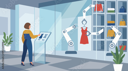 A modern retail store featuring a robotic arm helping a shopper select clothing, showcasing the future of shopping and technology integration in consumer experiences.