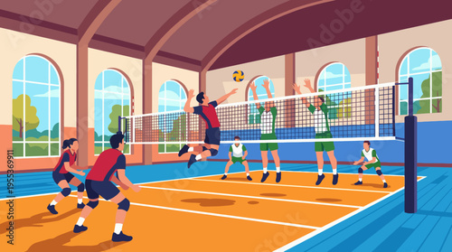 An action-packed indoor volleyball match capturing athletes engaged in a competitive spirit, showcasing teamwork and athleticism in the world of sports.