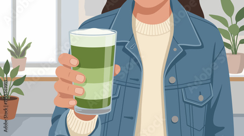 A colorful depiction of a person holding a nutritious green beverage, complemented by natural indoor plants, promoting wellness and a healthy lifestyle.