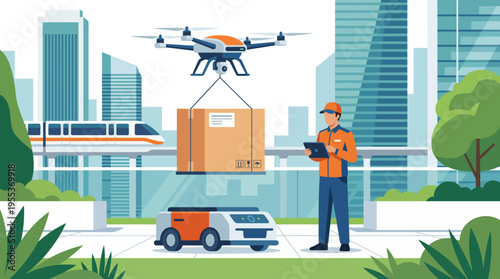 A futuristic piece showcasing a delivery drone and autonomous robot in an urban environment, symbolizing innovation in logistics and the future of transportation.