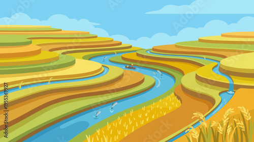 A serene abstract depiction of a river winding through colorful terraced landscapes, capturing the essence of nature's beauty and harmony in a tranquil scene.