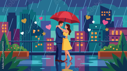 A romantic scene depicts a couple sharing a kiss while sheltered by a bright red umbrella, surrounded by a cityscape drenched by rain, full of love and warmth.