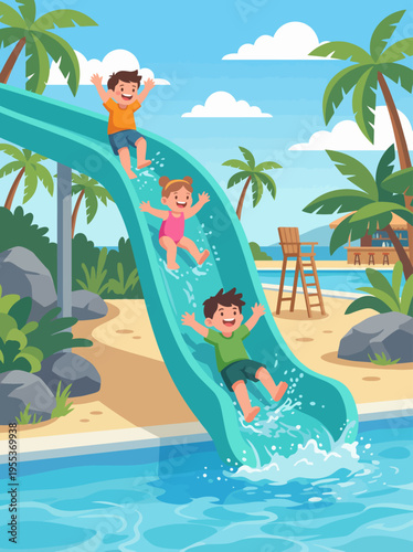 A lively scene showcases children joyfully sliding down a water slide at a sunny beachside waterpark, radiating fun, laughter, and summer memories of childhood.