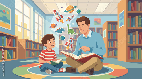 A warm and engaging moment is captured between a father and his son as they sit on the floor of a library, exploring a story together amidst a sea of books.