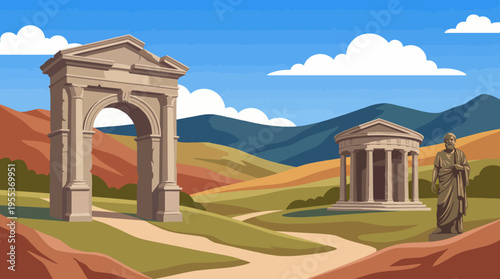 This image showcases ancient architectural structures like an arch and a temple surrounded by picturesque mountains and fields, evoking a sense of history and tranquility.