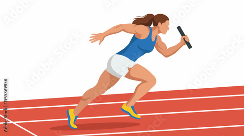 This dynamic image captures a competitive female athlete sprinting in a relay race while passing the baton, showcasing athleticism, determination, and teamwork.