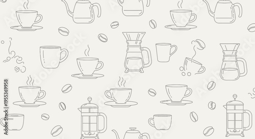 Seamless Coffee Pattern with Hand Drawn Line Art Coffee Makers and Cups