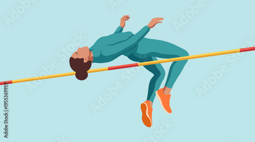 This vibrant image illustrates a female high jumper gracefully soaring over the bar, emphasizing athletic prowess, elegance, and the thrill of overcoming limits in sports.