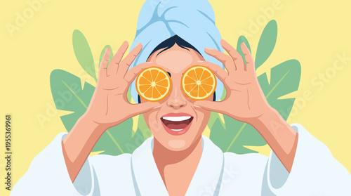 This cheerful image portrays a smiling woman at a spa, playfully using orange slices as glasses, radiating joy, relaxation, and the refreshing essence of self-care in a vibrant atmosphere.