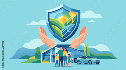This illustration features a family surrounding a house with a protective shield symbolizing the importance of sustainability and eco-friendliness in modern living and future generations.