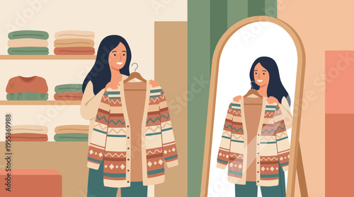 A happy young woman admires her reflection in the mirror while trying on a beautifully patterned sweater in a chic clothing store.