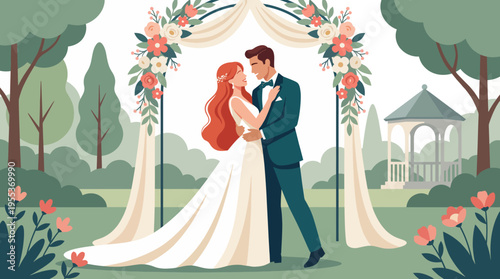 A bride and groom share a tender moment at their wedding ceremony in a picturesque setting, embodying love, commitment, and the celebration of life’s beautiful milestones.