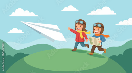 Two enthusiastic girls embark on an exciting adventure in nature, holding a map and spotting a paper plane, highlighting the spirit of exploration, discovery, and friendship.