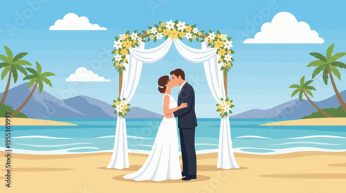 A couple exchanges vows in a picturesque beach wedding ceremony, set against a beautiful ocean backdrop, surrounded by nature’s charm and love.