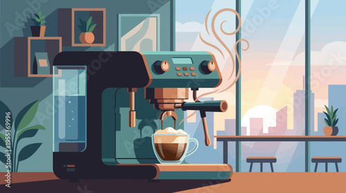 A vibrant depiction of a sleek coffee machine, producing freshly brewed coffee in a cozy ambiance, emphasizing the warmth and comfort associated with coffee culture.
