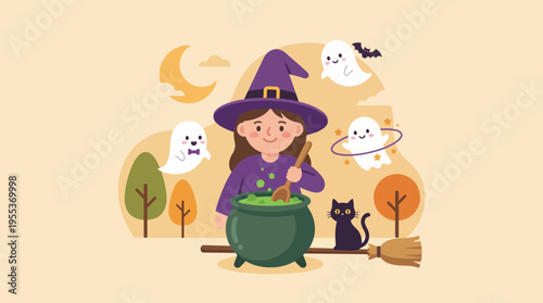 A cute cartoon witch stirs a bubbling potion, surrounded by ghostly spirits and Halloween elements, creating a charming and whimsical atmosphere.