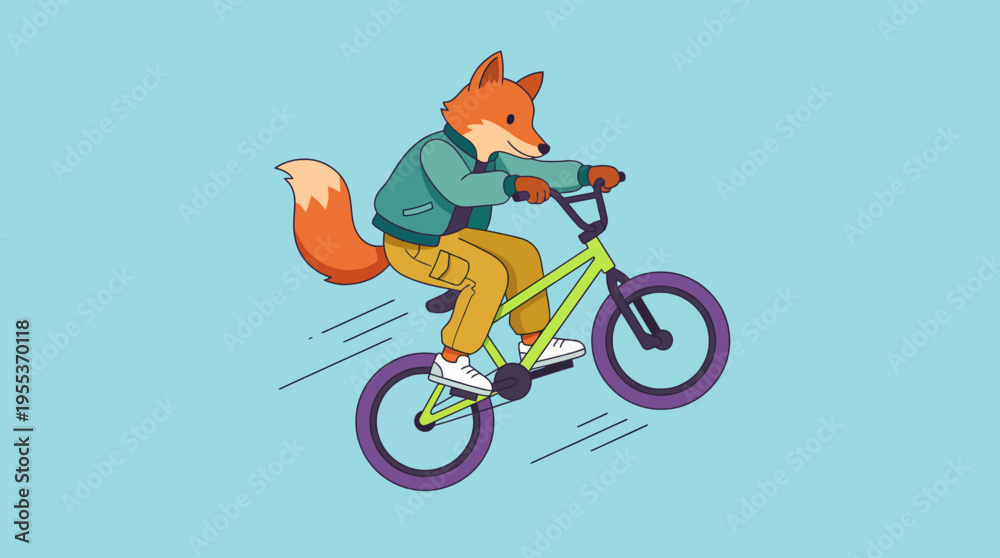 Naklejka premium An animated fox showcases agility and style while performing a stunt on a BMX bike, embodying a fun and playful spirit in vibrant colors against a bright backdrop.