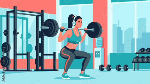 This vibrant image showcases a woman performing a squat with weights in a modern gym, emphasizing strength, fitness, and determination in a motivating atmosphere.