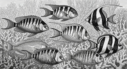 School of Striped Tropical Fish Swimming Over Coral Reef Illustration
