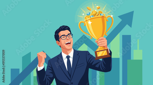 An enthusiastic businessman proudly holds a trophy symbolizing achievement and success, capturing the essence of hard work, motivation, and professional growth.