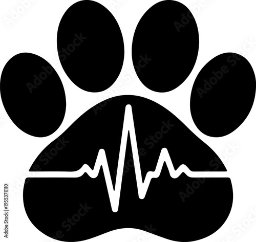 A black paw print with an electrocardiogram on white background